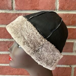 Shearling Black Leather Unisex O/S Hat NEW